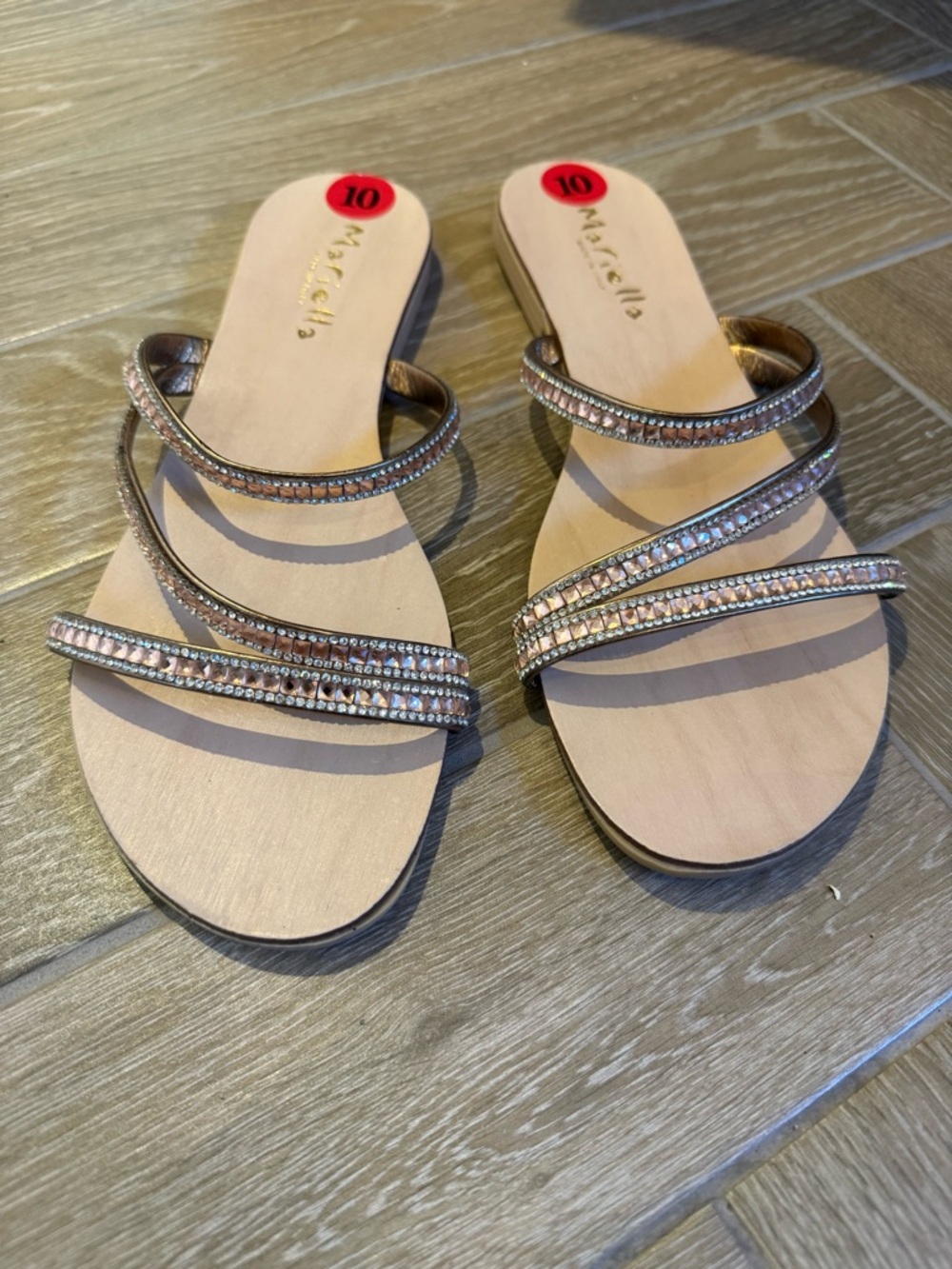 Mariella Italia Rose Gold Crystal Strappy Slide Sandals